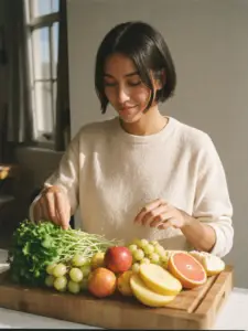 Woman preparing colorful fresh foods for glowing skin