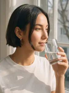 Woman drinking a glass of water in bright daylight, a simple hydration habit