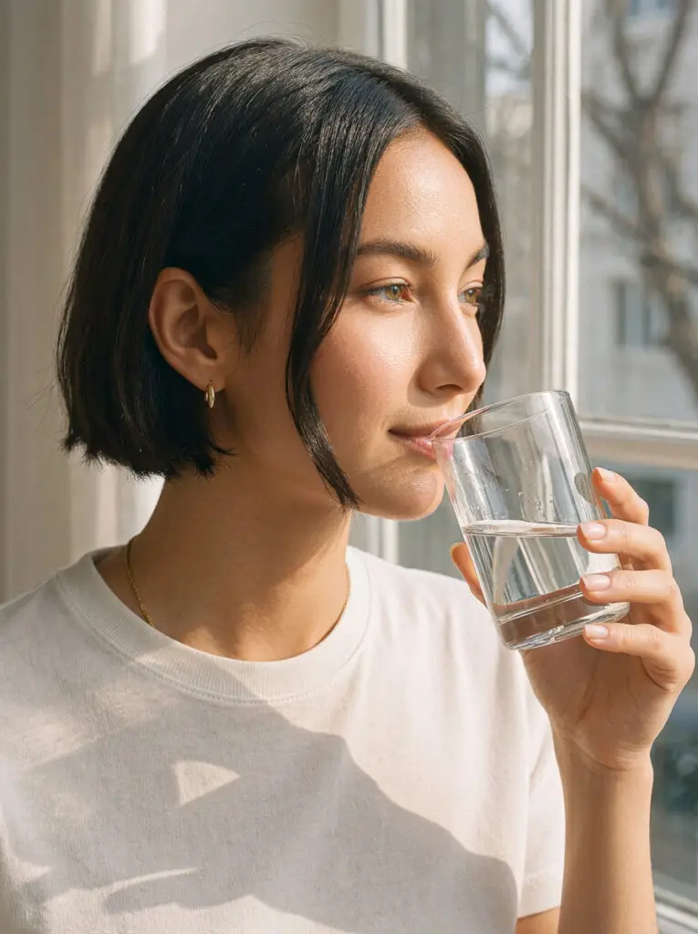 Woman drinking a glass of water in bright daylight, a simple hydration habit