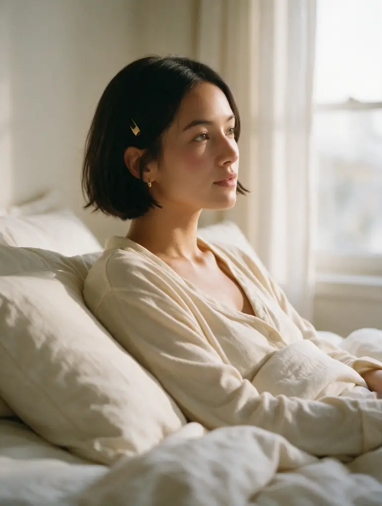 Woman waking rested in soft morning light after quality sleep