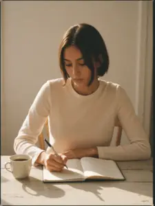 Woman writing a five-minute journaling entry in a plain notebook