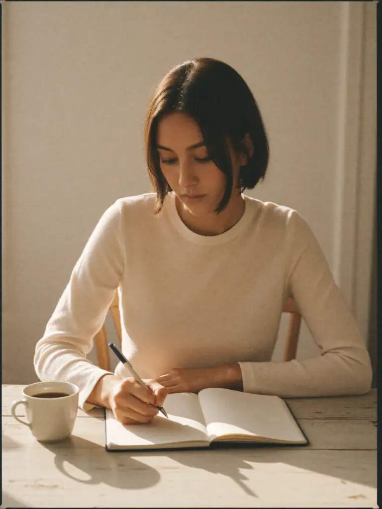 Woman writing a five-minute journaling entry in a plain notebook