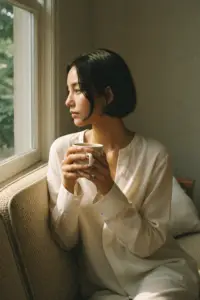 Woman resting gently by a window, recovering from burnout